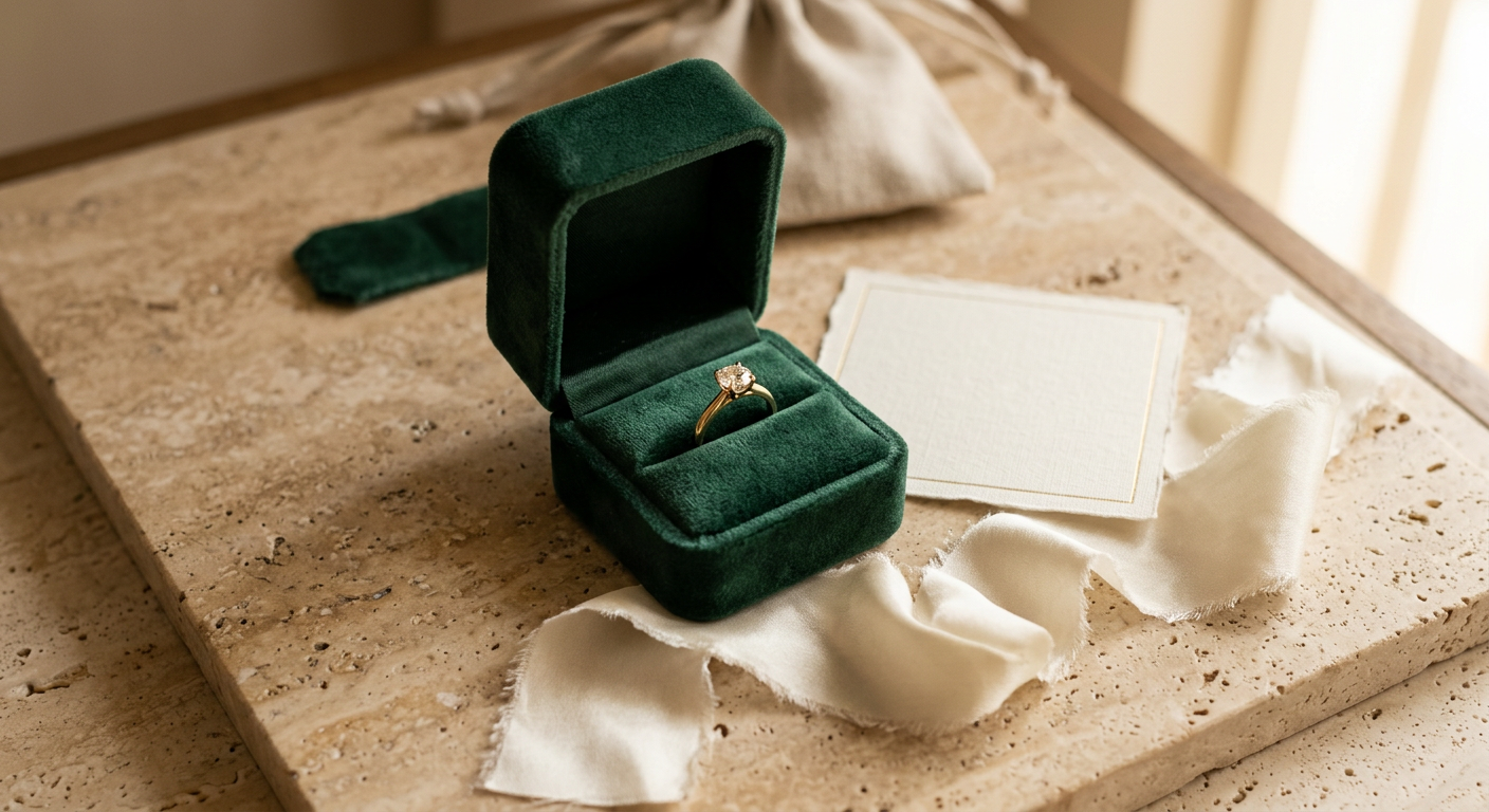 Estuche de terciopelo verde con un anillo dorado y tarjeta de regalo